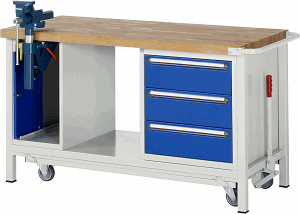 Werkbank mit absenkbarem Fahrgestell Modell 8183, B 1500xT 700xH 880mm, Buche-Massiv-Platte 40mm
