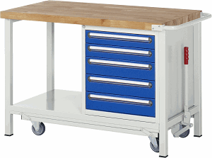 Werkbank mit absenkbarem Fahrgestell Modell 8171, B 1250xT 700xH 880mm, Buche-Massiv-Platte 40mm