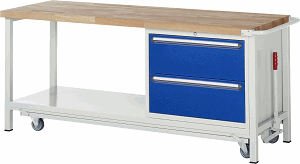 Werkbank mit absenkbarem Fahrgestell Modell 8255, B 2000xT 700xH 880mm, Buche-Massiv-Platte 40mm