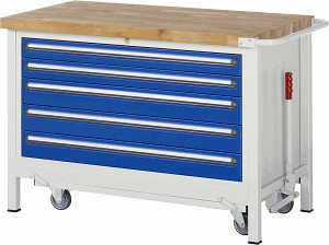 Werkbank mit absenkbarem Fahrgestell Modell 8371, B 1250xT 700xH 880mm, Buche-Massiv-Platte 40mm