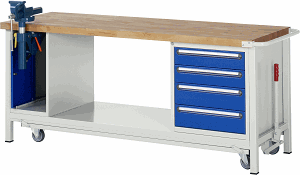 Werkbank mit absenkbarem Fahrgestell Modell 8185, B 2000xT 700xH 880mm, Buche-Massiv-Platte 40mm