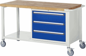 Fahrbare Werkbank Modell 8257, B 1500xT 700xH 880-1080mm, Buche-Massiv-Platte 40mm