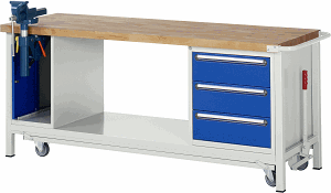 Werkbank mit absenkbarem Fahrgestell Modell 8183, B 2000xT 700xH 880mm, Buche-Massiv-Platte 40mm
