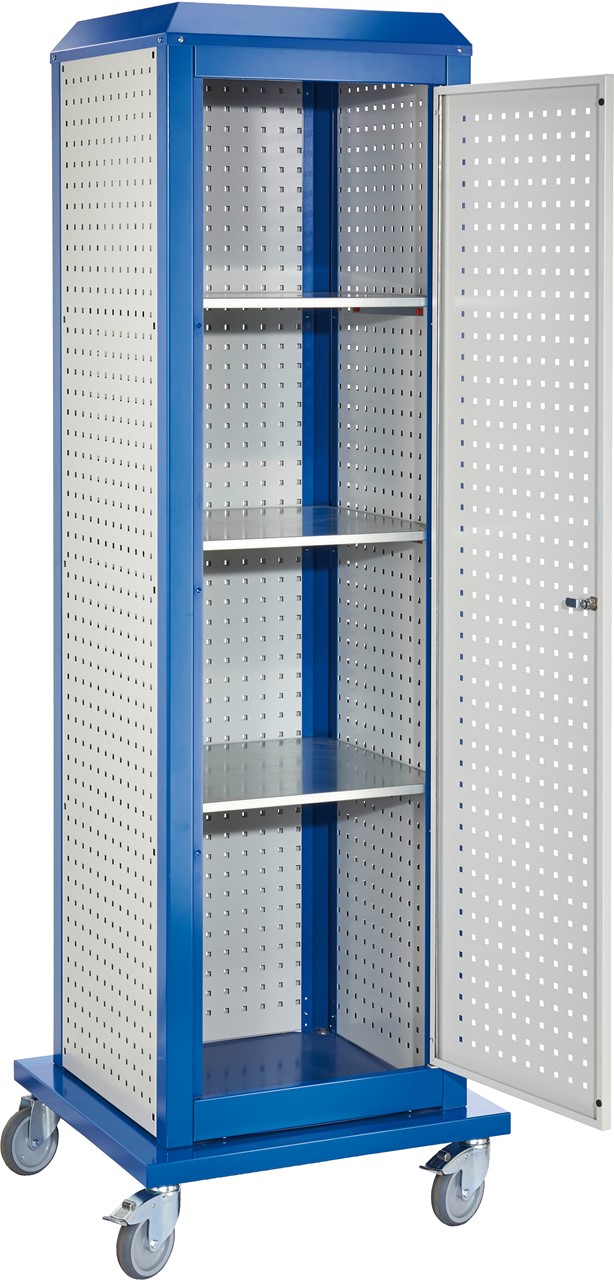 Tooltower, 2175x700x700 mm HxBxT, mit 3 aussenliegende, 2 innenliegende Lochplatten, 1 Lochplattentüre, ganze Höhe, 3 Fachboden