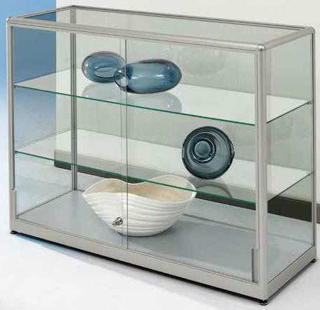 Halbhohe Vitrine 1020x1000x500 mm HxBxT mit 5-seitiger ESG-Verglasung, eckige Profile