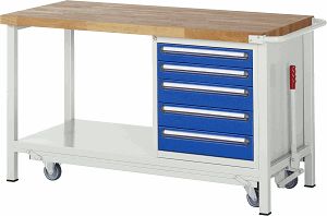 Werkbank mit absenkbarem Fahrgestell Modell 8171, B 1500xT 700xH 880mm, Buche-Massiv-Platte 40mm
