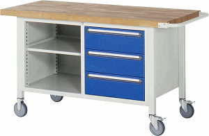 Fahrbare Werkbank Modell 8462, B 1500xT 700xH 880-1080mm, Buche-Massiv-Platte 40mm