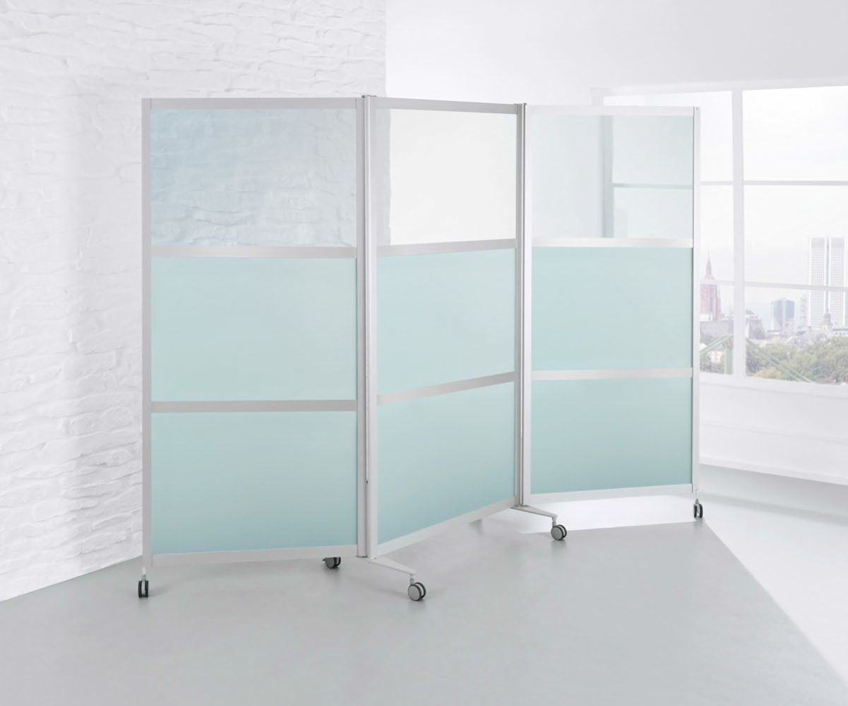 Mobile Faltstellwand B1, fahrbar, 2/3 ESG-Glas Satiniert / 1/3 ESG-Klarglas
