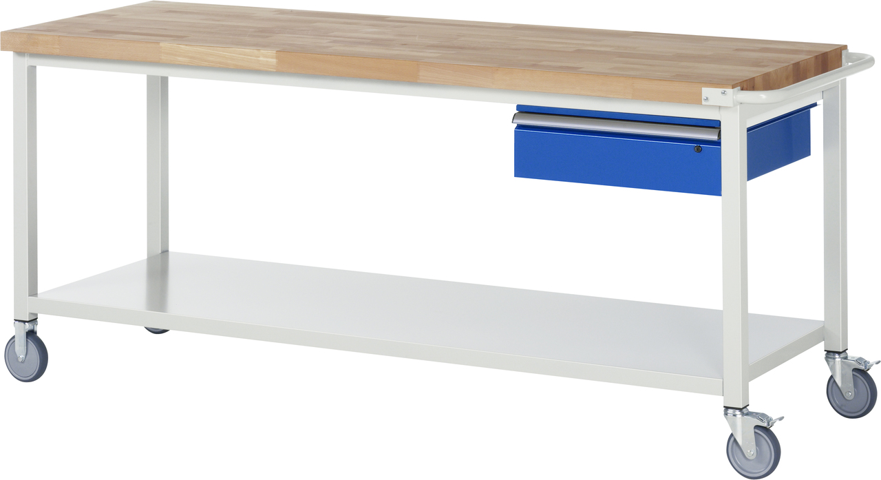 Fahrbare Werkbank Modell 8001, B 2000xT 700xH 880-1080mm, Buche-Massiv-Platte 40mm