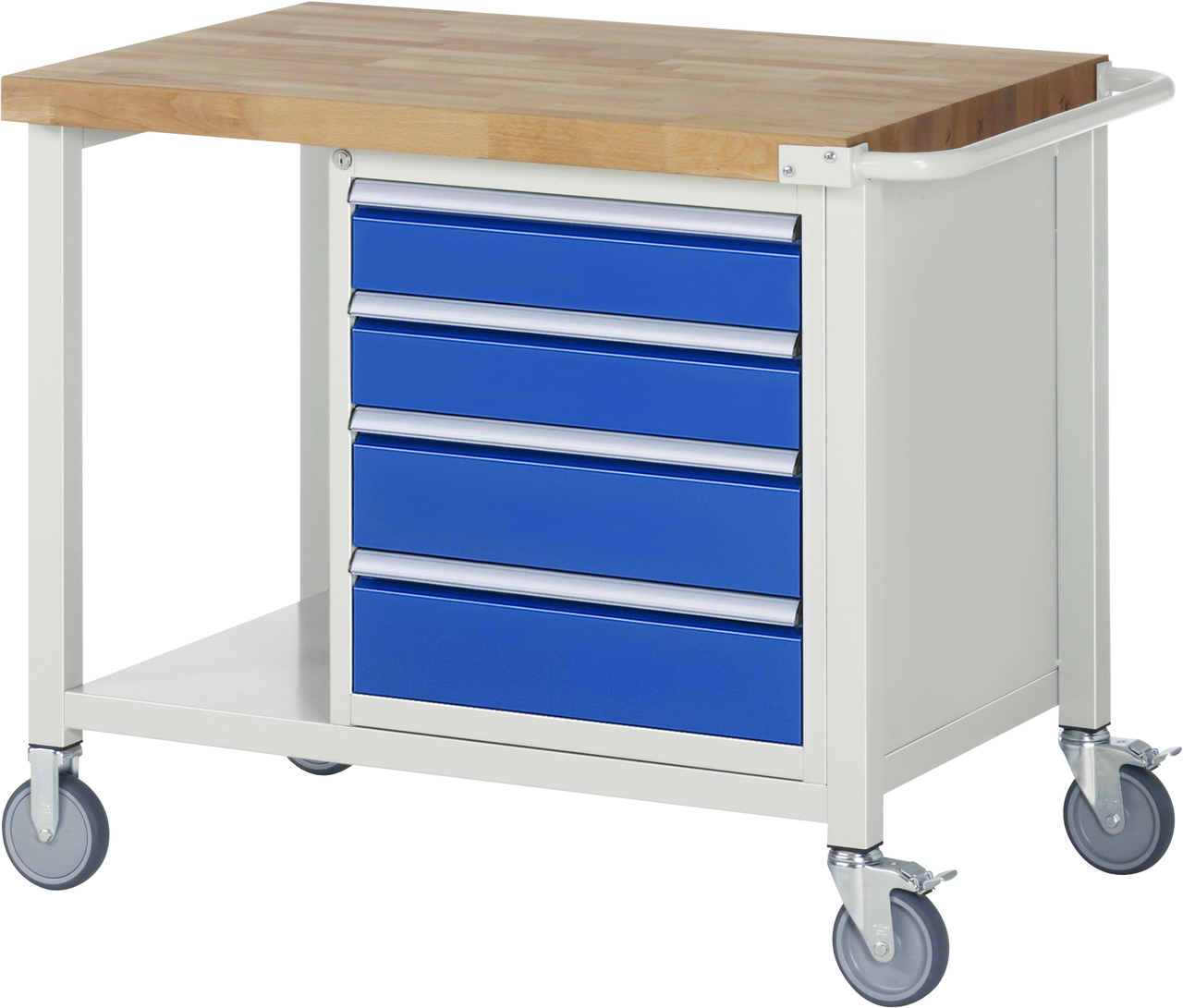Fahrbare Werkbank Modell 8162, B 1000xT 700xH 880-1080mm, Buche-Massiv-Platte 40mm