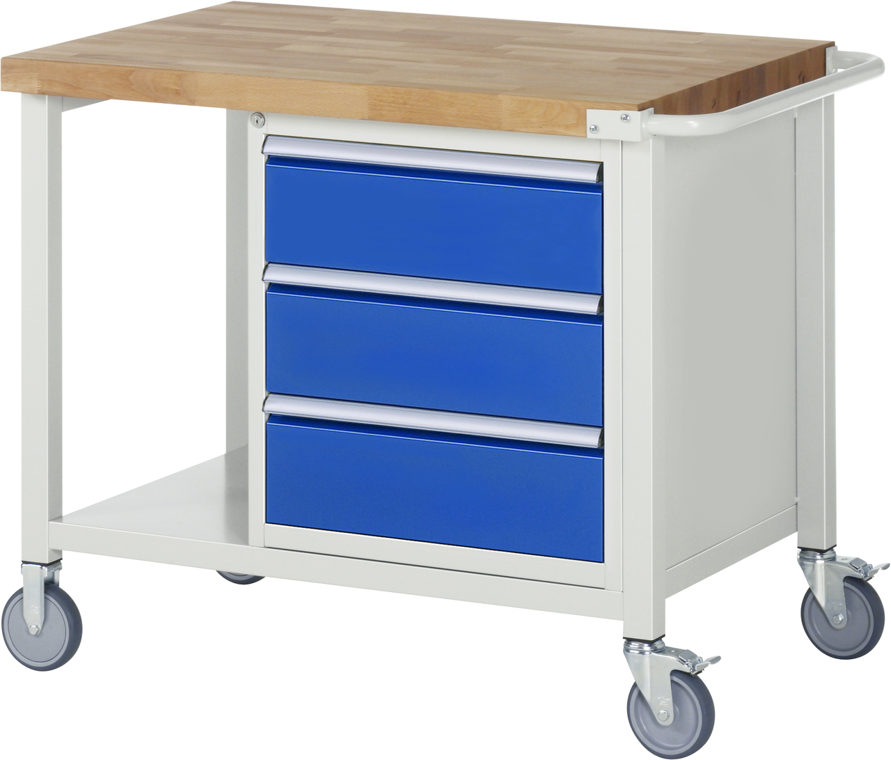 Fahrbare Werkbank Modell 8157, B 1000xT 700xH 880-1080mm, Buche-Massiv-Platte 40mm