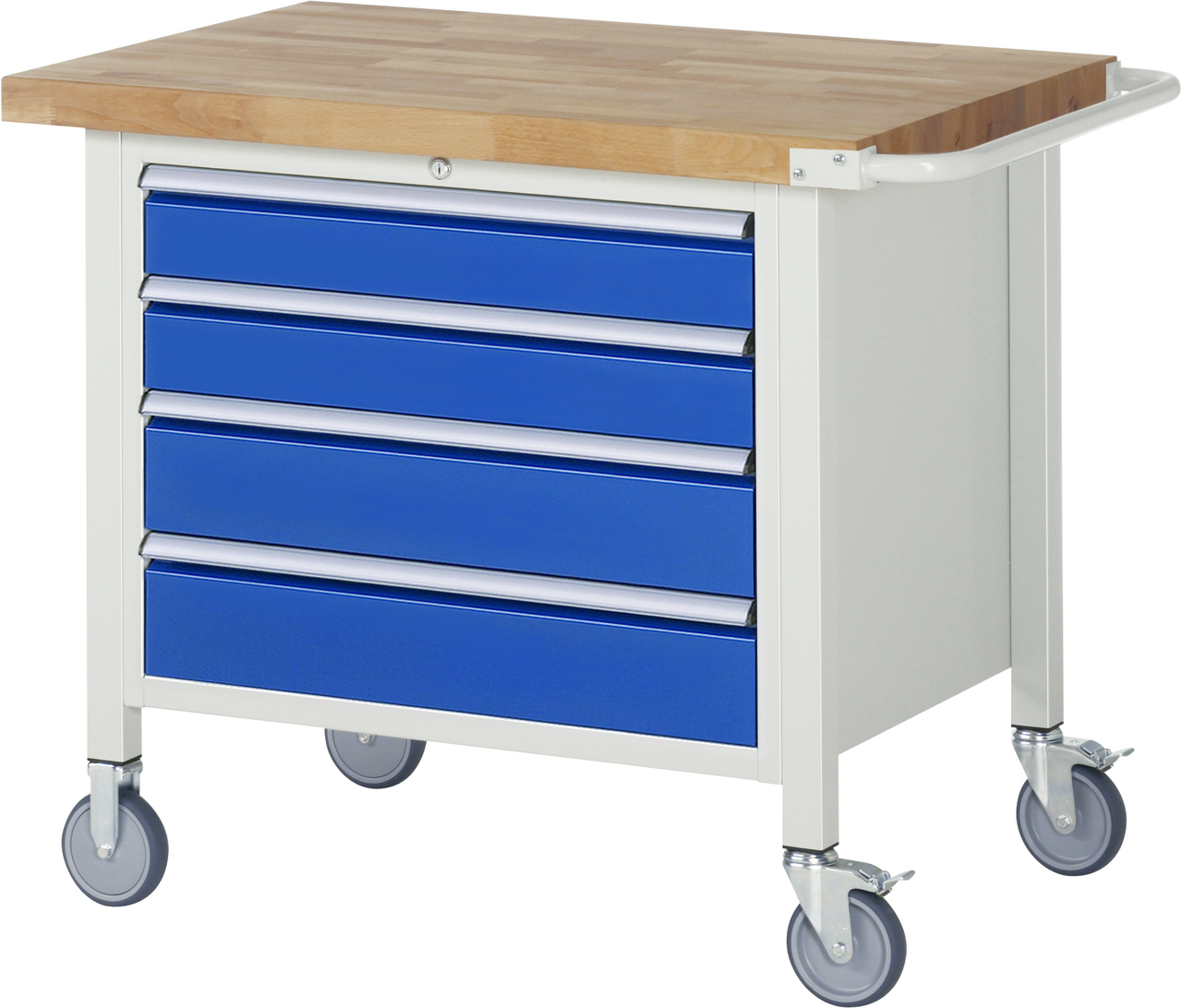 Fahrbare Werkbank Modell 8262, B 1000xT 700xH 880-1080mm, Buche-Massiv-Platte 40mm