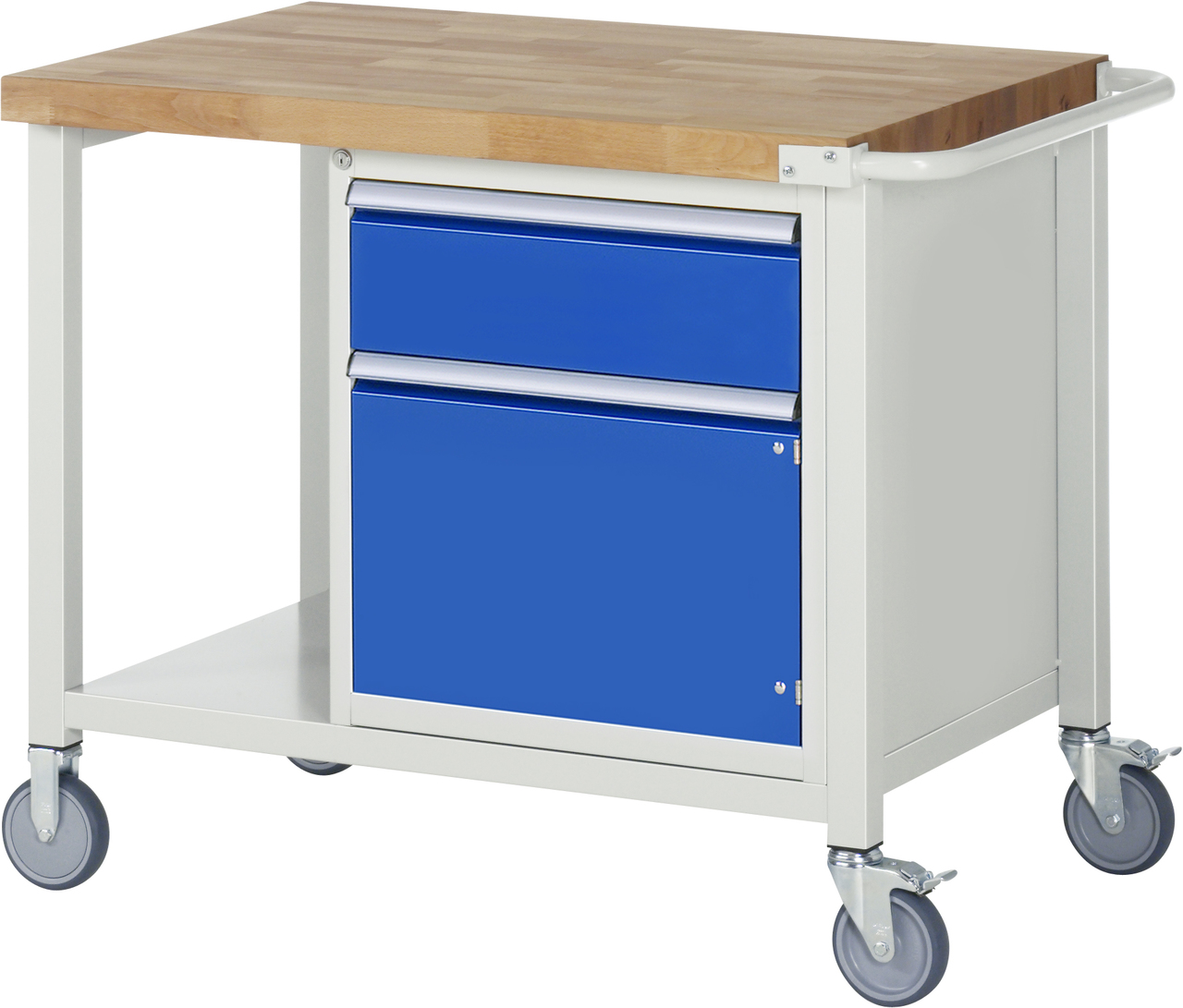 Fahrbare Werkbank Modell 8152, B 1000xT 700xH 880-1080mm, Buche-Massiv-Platte 40mm