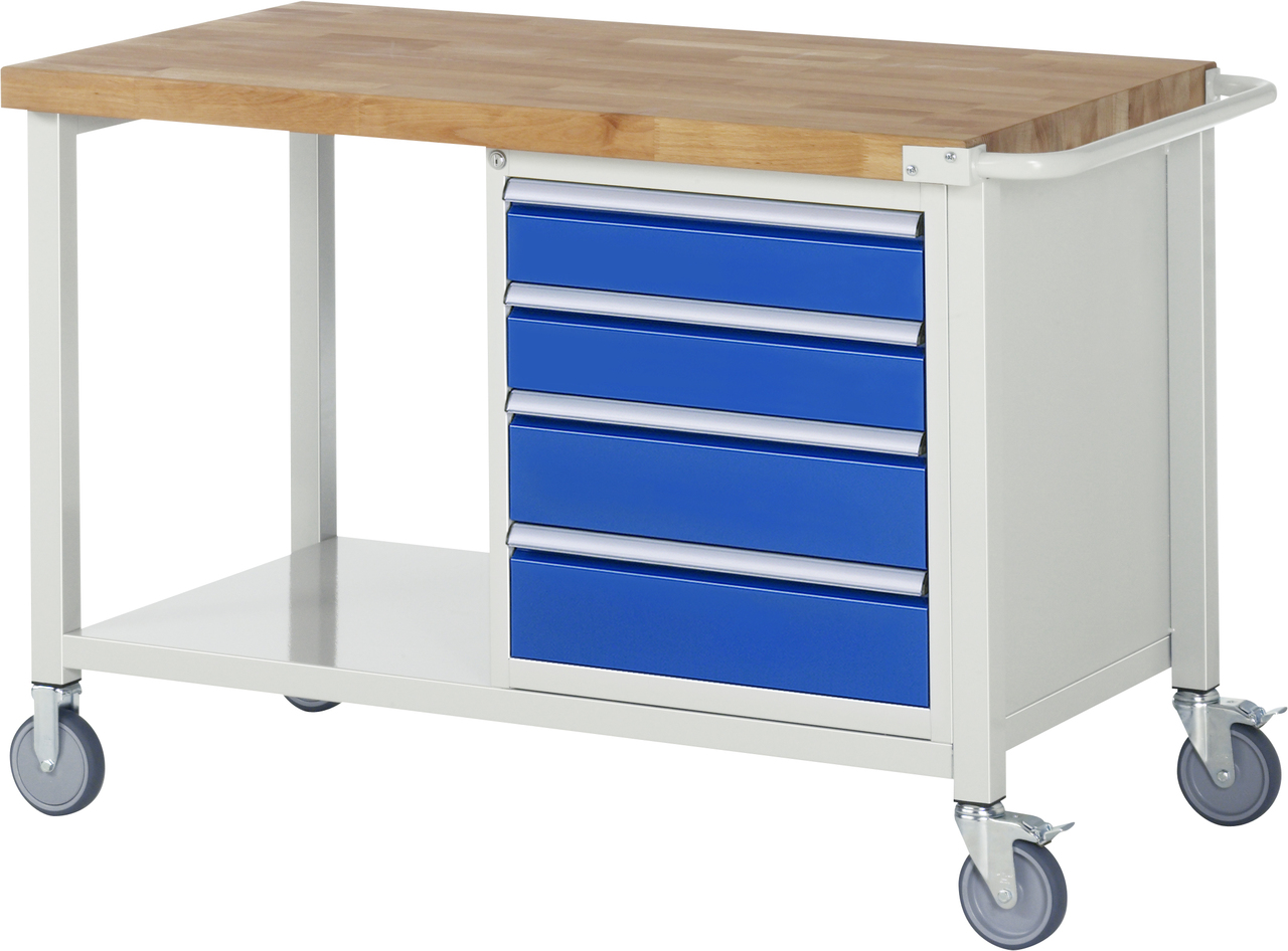 Fahrbare Werkbank Modell 8162, B 1250xT 700xH 880mm, Buche-Massiv-Platte 40mm