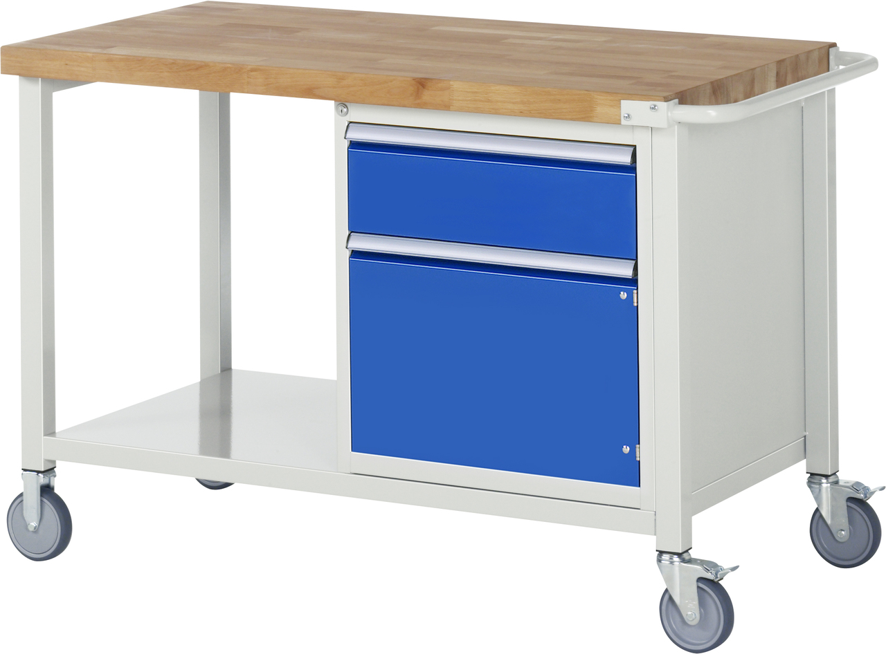 Fahrbare Werkbank Modell 8152, B 1250xT 700xH 880-1080mm, Buche-Massiv-Platte 40mm