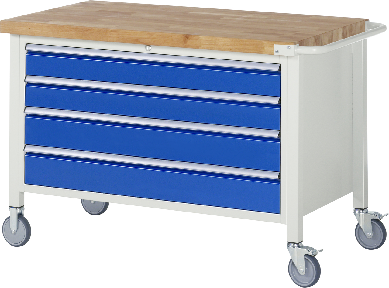 Fahrbare Werkbank Modell 8362, B 1250xT 700xH 880-1080mm, Buche-Massiv-Platte 40mm