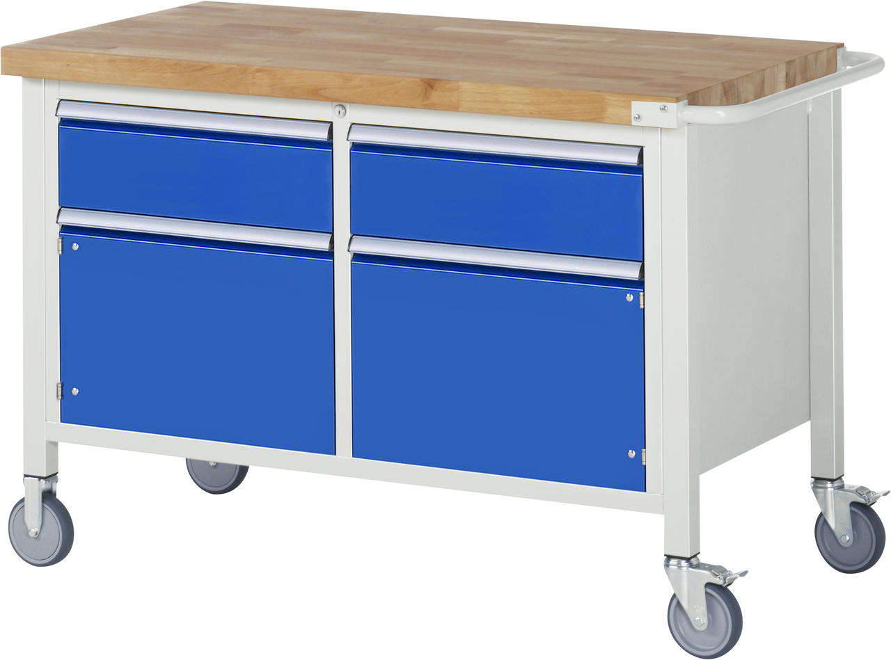 Fahrbare Werkbank Modell 8466, B 1250xT 700xH 880-1080mm, Buche-Massiv-Platte 40mm