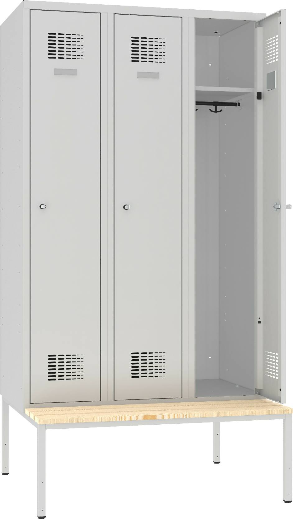 Garderobenschrank, 3 Abteile mit je 400 mm Abteilbreite, auf Untergebauter Sitzbank