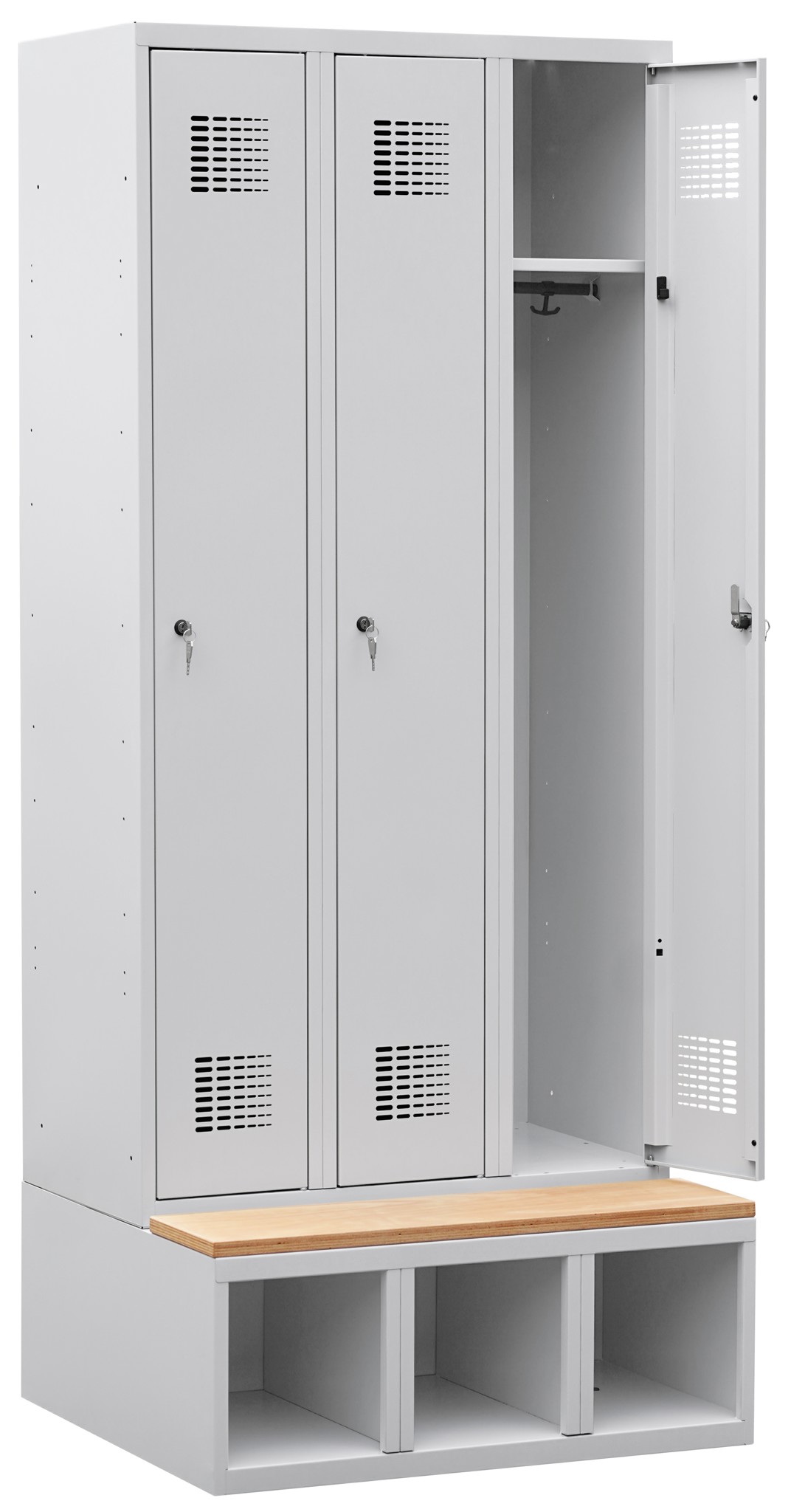 Garderobenschrank auf Schuhfach mit Sitzbank, 3 Abteile mit 300 mm Abteilbreite