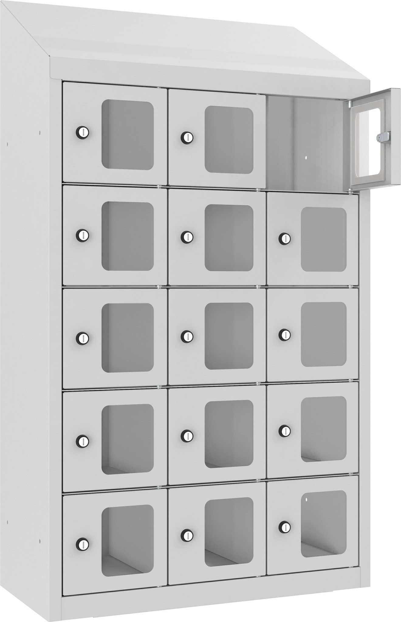 Wandschliessfachschrank mit Schrägdach und Sichtfenster SUS 235WP, 620 mm, 3 Abteil mit 5 Fächer übereinander, Total 15 Fächer