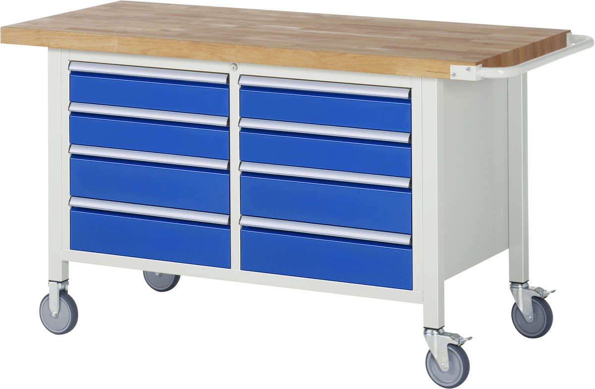 Fahrbare Werkbank Modell 8477, B 1500xT 700xH 880mm, Buche-Massiv-Platte 40mm