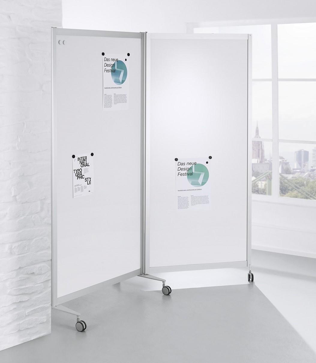 Mobile Faltstellwand, fahrbar, Whiteboard beschreibbar weiss