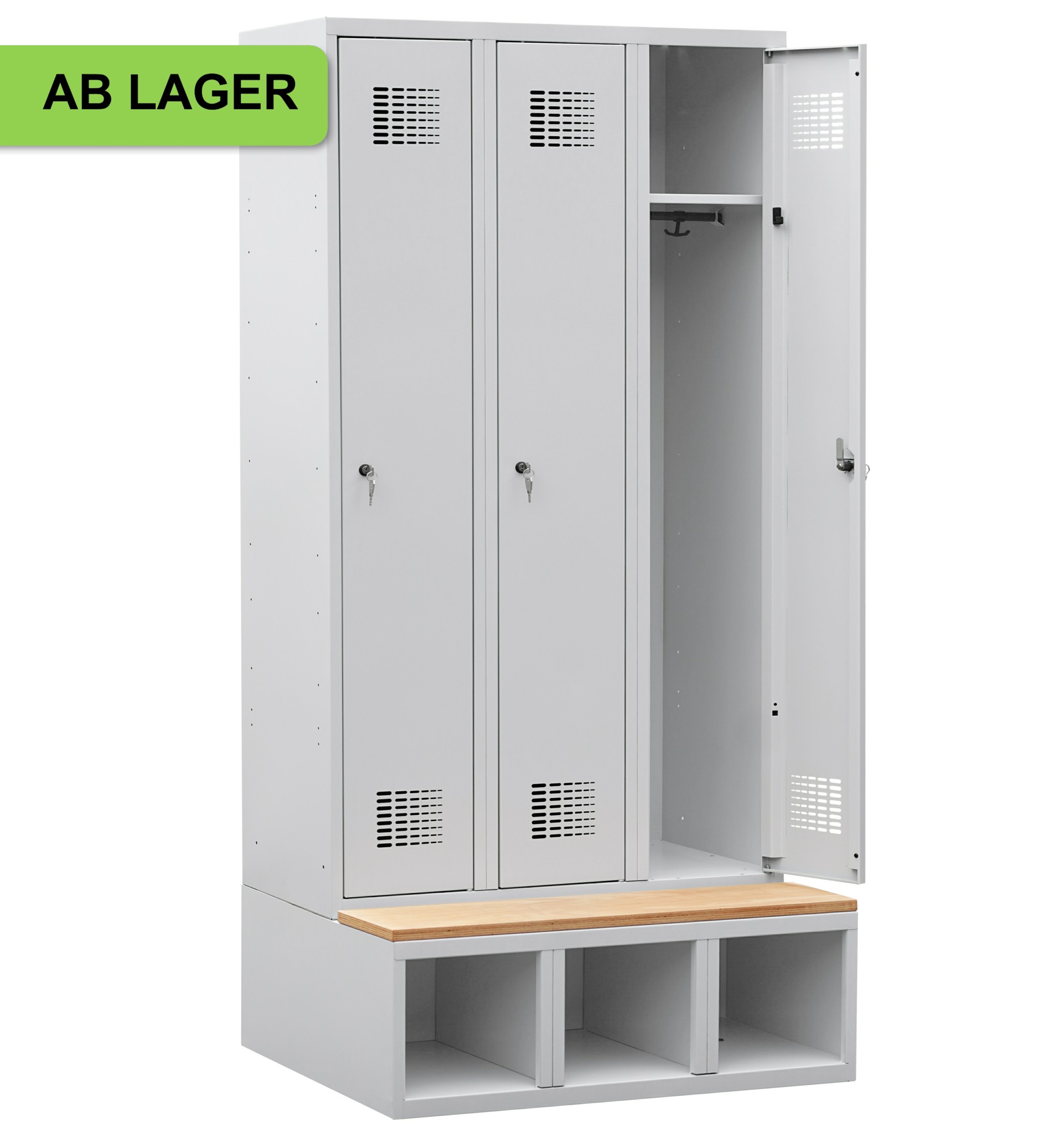 Garderobenschrank auf Schuhfach mit Sitzbank Höhe 350 mm, 3 Abteile mit 400 mm Abteilbreite, 1 Stück ab Lager