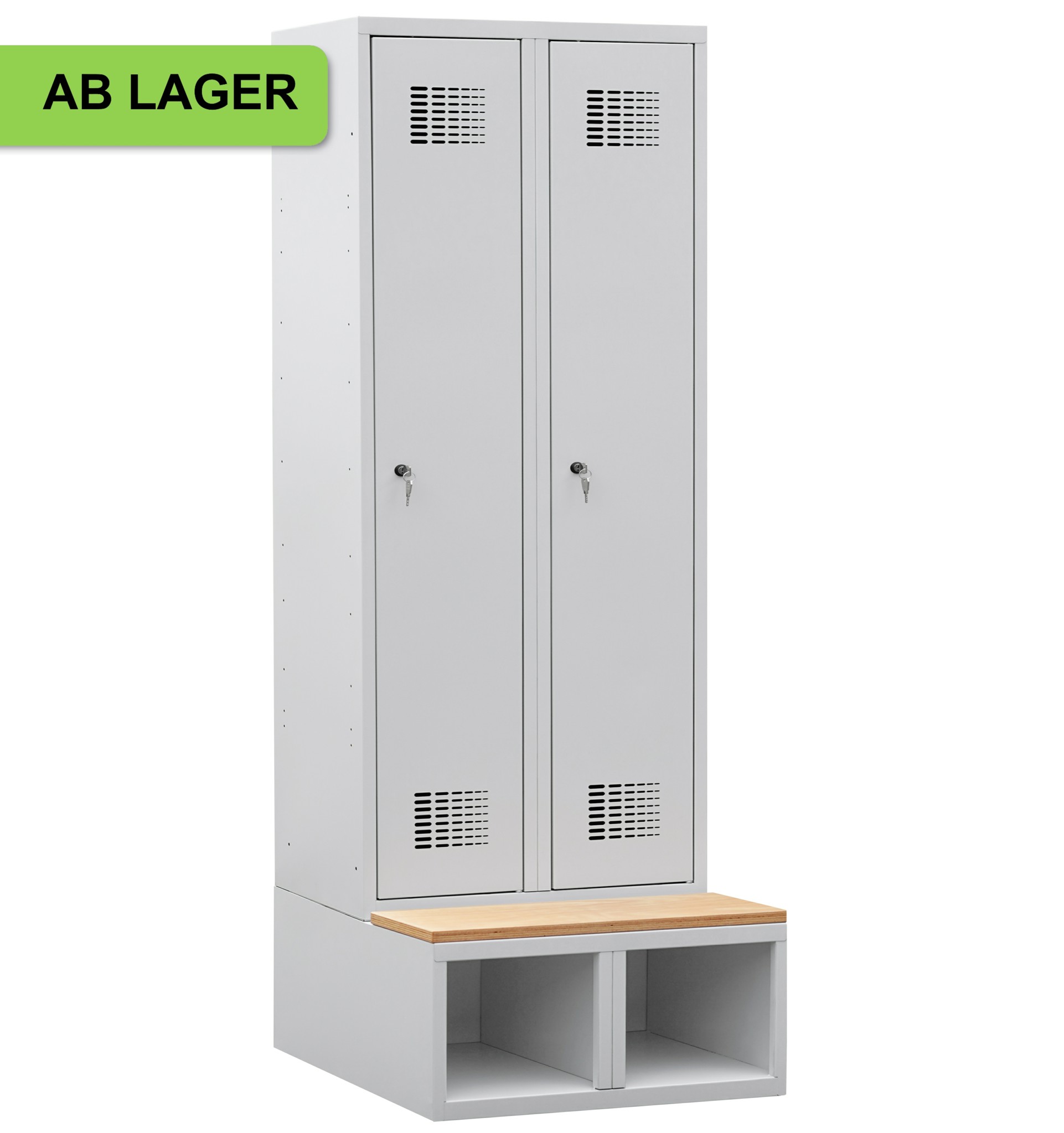 Garderobenschrank auf Schuhfach mit Sitzbank Höhe 350mm, 2 Abteile mit 400 mm Abteilbreite, 5 Stück ab Lager