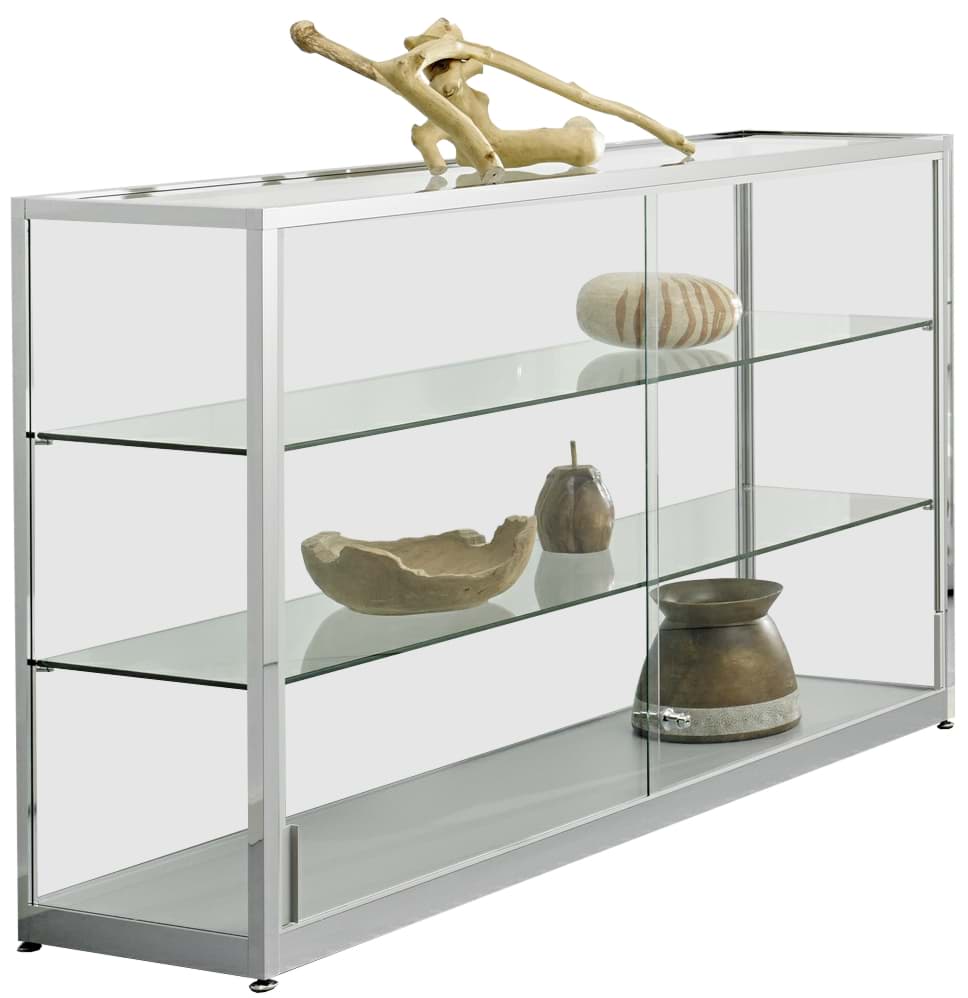 Halbhohe Vitrine 900x1200x400 mm HxBxT mit 5-seitiger ESG-Verglasung, eckige Profile