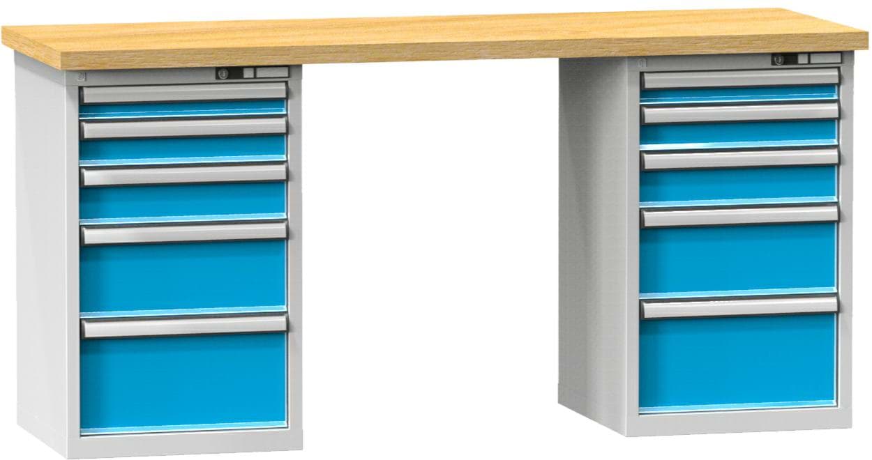 Werkbank fixe Höhe mit 2 x Schubladenschrank, 2500x800x880 mm LxTxH