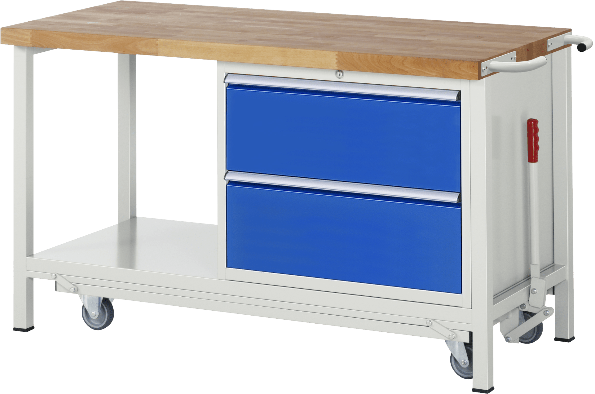 Werkbank mit absenkbarem Fahrgestell Modell 8255, B 1500xT 700xH 880mm, Buche-Massiv-Platte 40mm