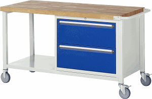 Fahrbare Werkbank Modell 8255, B 1500xT 700xH 880-1080mm, Buche-Massiv-Platte 40mm