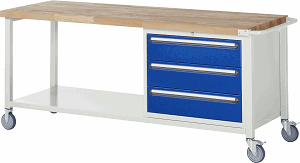 Fahrbare Werkbank Modell 8257, B 2000xT 700xH 880-1080mm, Buche-Massiv-Platte 40mm