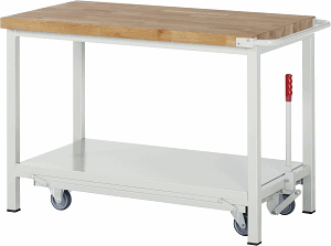 Werkbank mit absenkbarem Fahrgestell Modell 8000, B 1250xT 700xH 880mm, Buche-Massiv-Platte 40mm