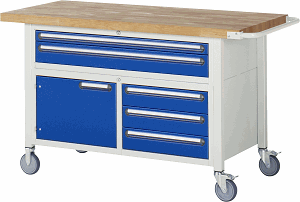 Fahrbare Werkbank Modell 8922, B 1500xT 700xH 920-1080mm, Buche-Massiv-Platte 40mm