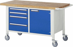 Fahrbare Werkbank Modell 8470, B 1500xT 700xH 880-1080mm, Buche-Massiv-Platte 40mm