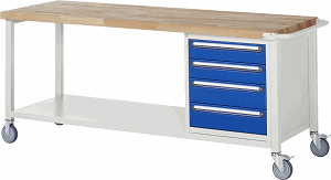 Fahrbare Werkbank Modell 8162, B 2000xT 700xH 880mm, Buche-Massiv-Platte 40mm