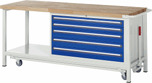 Werkbank mit absenkbarem Fahrgestell Modell 8371, B 2000xT 700xH 880mm, Buche-Massiv-Platte 40mm