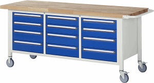 Fahrbare Werkbank Modell 8579, B 2000xT 700xH 880-1080mm, Buche-Massiv-Platte 40mm