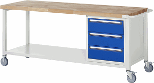 Fahrbare Werkbank Modell 8157, B 2000xT 700xH 880-1080mm, Buche-Massiv-Platte 40mm